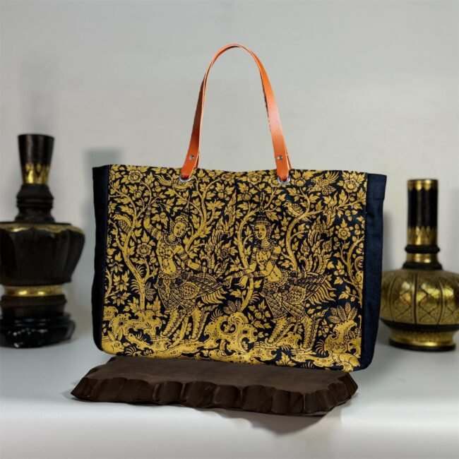 תיק בד לוטוס מוזהב עם דוגמת קינטארי