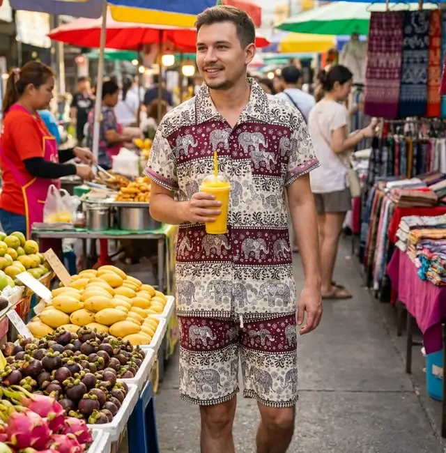 סט הוואי תאילנדי עם הדפס פילים חולצה ומכנסיים קצרים