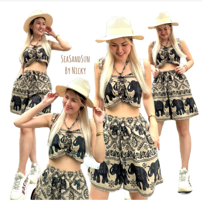 סט קיץ תאילנדי חולצת קרופ ומכנס קצר עם הדפס פילים