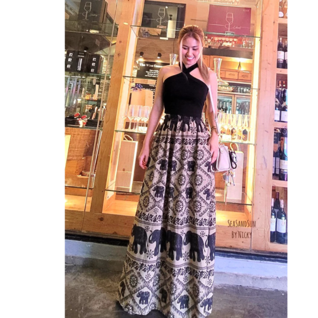 סט חצאית מקסי תאילנדית וחולצת קרופ  עיצוב פילים פרימיום